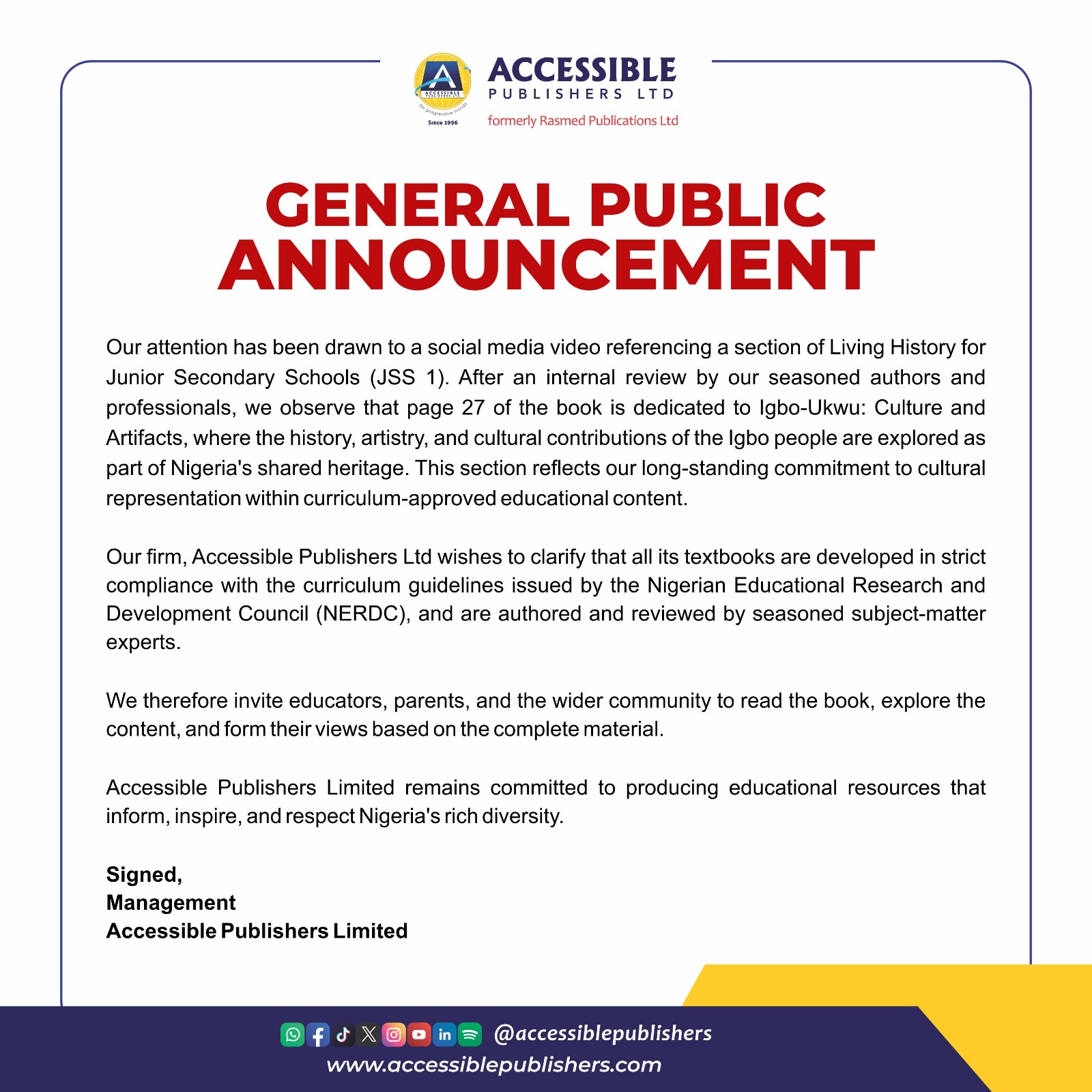 Public Notice: Clarification on Recent Online Video Referencing Living History